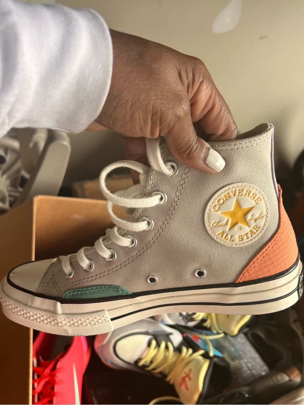 Converse High-Top Sneaker in Light Gray with Teal and Coral Accents